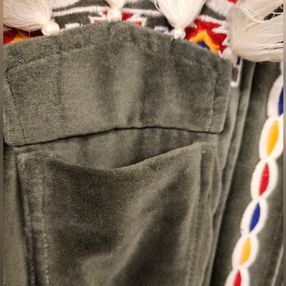 Anthro Aztec South Western Embroidered Tassel Olive Velvet Parka Jacket size M - Picture 13 of 16